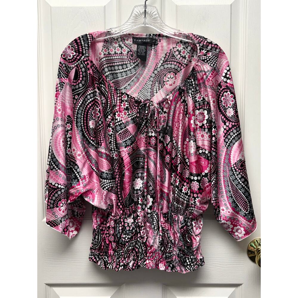 Rampage Blouse Y2K Blouson Top Pink Black Dolman Sleeve Size L Tie Neckline